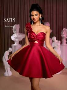 Lovelzi Vestido elegante, lujoso y adorable con volantes de satén, con efecto de flor 3D en el hombro, bajo alto y bajo en color rojo borgoña, adecuado para bodas, fiestas, graduaciones, bailes de promoción (con aplicaciones) - Burdeos - Ver 8