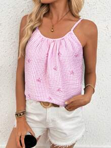 Easowa Áo hai dây nữ kiểu dáng thường ngày, kẻ sọc và nơ, thích hợp mặc thường ngày. - Hồng - Xem 3