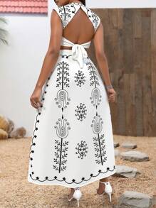 SHEIN Tall 2pcs Set: Plus Size Digital Print Top With Back Tie And Split Hem Skirt - White - View 2
