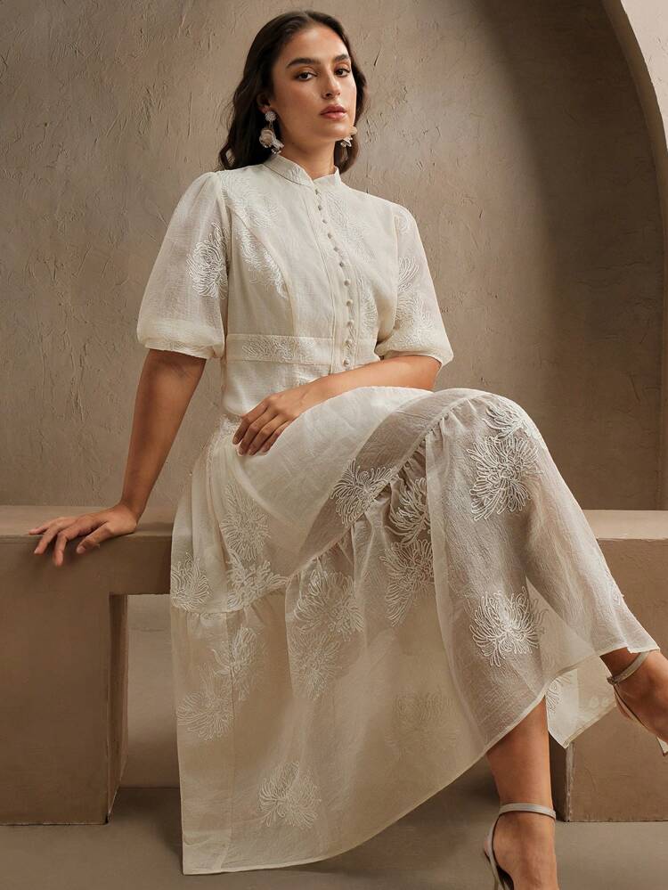 Plus Size Summer New Arrival Mini Stand Collar Lace Textured Waisted Dress