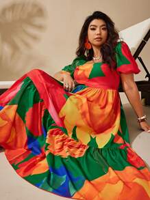 Sunserae 大码女式彩色印花泡泡袖方领高腰喇叭中长款太阳裙 - 彩色 - 查看 3