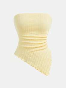 Girlism Teen Girls Resort Style Mustard Yellow Textured Tube Top With Front TwistGathered Waist Irregular Hem And Ruffled Skirt Two Pieces Suit. Suitable For Afternoon Tea, Streetwear, Vacation, Layering Or Party Wear, Autumn/Winter/Cute/Vacation