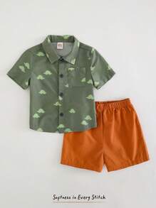 Cozy Pixies 两件套男婴卡通恐龙印花翻领短袖开衫和纯色松紧腰短裤套装