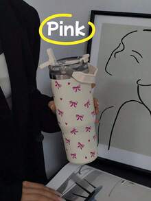 900ml/33.44oz 真空隔热双盖杯 - 心形和蝴蝶结设计不锈钢水瓶，防漏手柄吸管杯，适合旅行、健身、学校和节日礼物