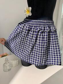 SHEIN EZwear 格子图案弹力腰带女士休闲荷叶边A字裙，夏季女装，适合音乐会等场合 - 藏蓝色 - 查看 4