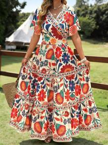 SHEIN Clasi Plus Size Graphic Criss-Cross Back Tie-Up Crop Top And Mini Skirt Two Pieces Outfit, Holiday Vacation Vibe - Multicolor - View 5