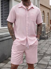 Manfinity Homme Men's Solid Color Summer Short Sleeve Shirt With Pockets And Shorts Set, Ideal Gift For Boyfriend And Husband - Pink - View 3