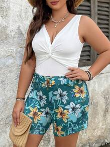 Flirla 2pcs/Set Plus Size Solid Color Twist Front V-Neck Tank Top And Floral Print Shorts - Apricot - View 1