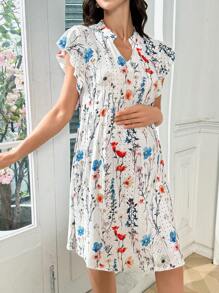 Moonlight&Mama Maternity Floral Print Wrinkle Loose Ruffled Short Sleeve Nightdress For Summer - Multicolor - View 6