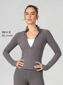 GLOWMODE FeatherFit™ Slim-It Streamline Performance Secure Pockets Zip Up Long Sleeve Jacket Low Impact Yoga Daily Fall - Volcanic Gray - View 2