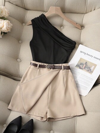 Franclia Lässiger modischer und alltagstauglicher Outfit-Kombi aus hochelastischem schwarz-einseitigen Plissee-Top und Khaki-Rock mit Fake-Taschen und Gürtel, Damen Zweiteiler