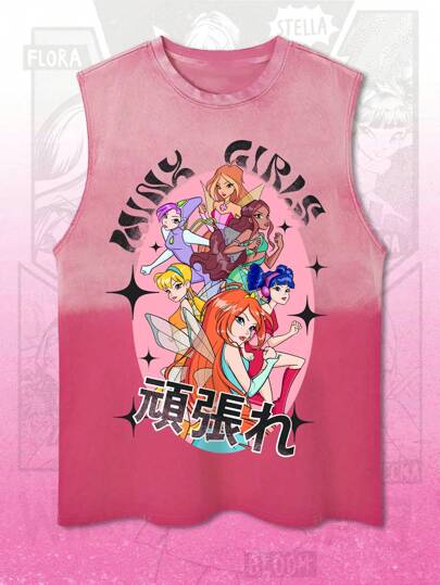 Winx Club X ROMWE Camiseta de tirantes con cuello redondo, diseño retro de dibujos animados degradados, marca de moda, para verano