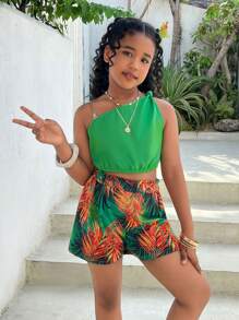 Conjunto informal de 2 piezas de niña preadolescente de unicolor con top sin mangas asimétrico y shorts de verano. Conjunto a juego de madre e hija (se venden por separado los 2 conjuntos)