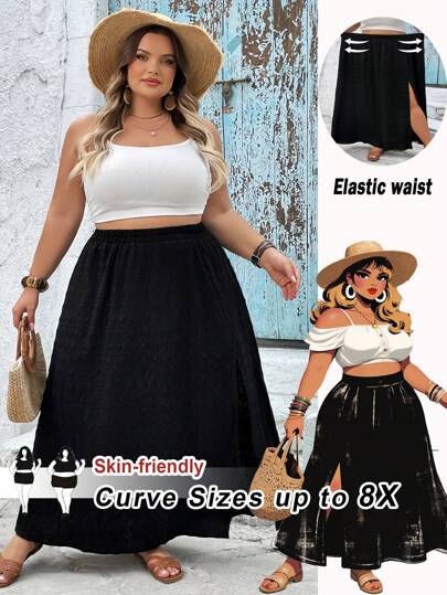 SHEIN CURVE+ 大码女式黑色松紧腰侧开衩休闲度假裙，夏季，加大曲线，波西米亚度假风夏季/乡村/海滩度假装/沙滩装/沙滩装