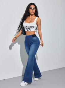 SHEIN PETITE 女士蓝色牛仔裤紧身喇叭裤舒适高弹力牛仔夏季办公室装 Siren Style - 深色水洗藍 - 查看 5