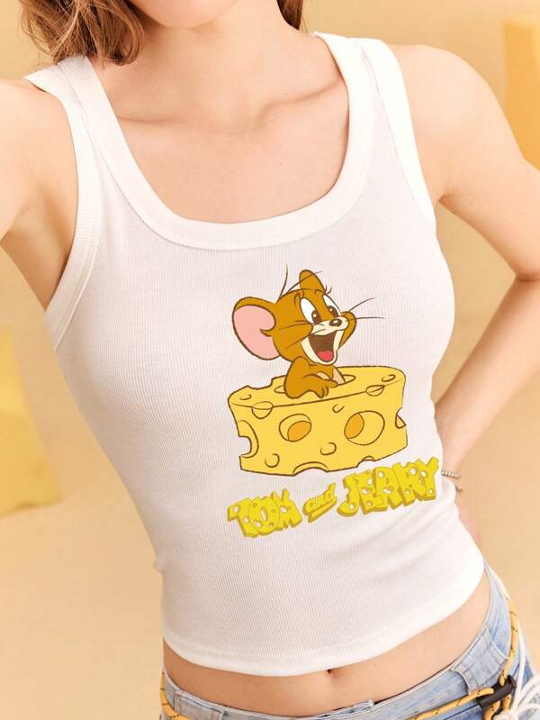 TOM & JERRY X SHEIN Regata feminina de verão com estampa de letras e desenhos animados e gola quadrada