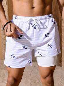 SHEIN Leap Crew Bóxer de natación estampado con rayas azul marino para niños preadolescentes, informal, cómodo, versátil, a la moda, de tela suave, apto para uso diario, viajes, deportes al aire libre, playa, primavera/verano - Celeste - Ver 1