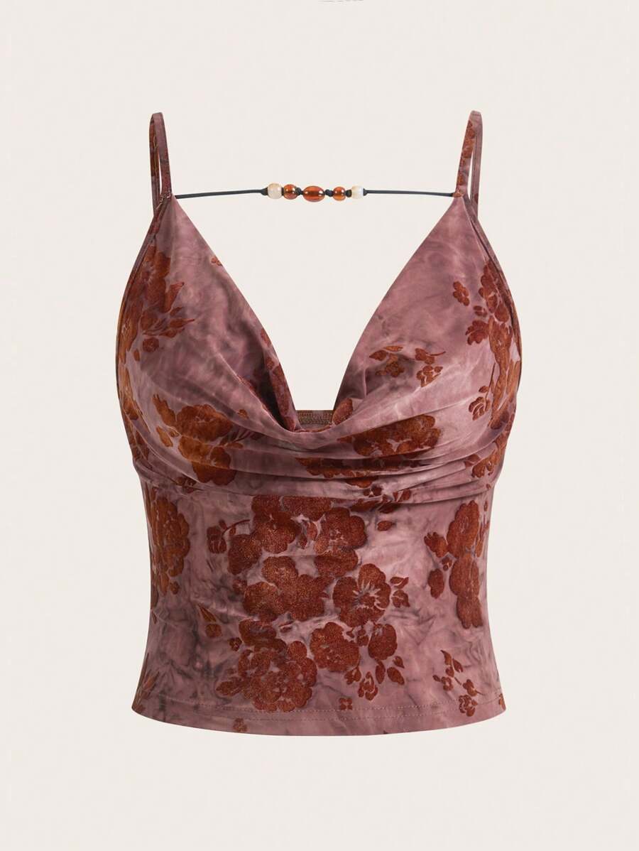 SHEIN ICON 复古提花面料串珠装饰垂坠领吊带背心