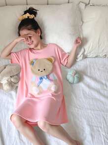 女童柔软舒适针织连衣裙，可爱小熊印花，蓝色蝴蝶结，毛绒 3D 贴花，粉色圆领长裙，睡衣套装 - 粉色 - 查看 1