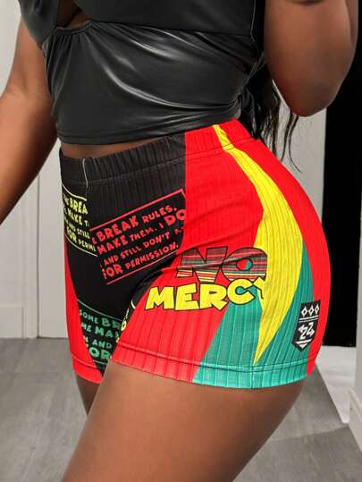 Slaydiva New Summer Easter Casual Street Daily Dating Hot Girl Sexy Y2K High Waist Shorts Full Slogan English Printing Red Green Yellow Stripes Black Ribbed Women's Shorts-A