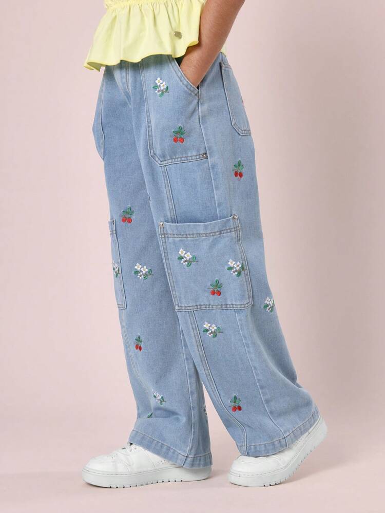 Utility-Cargojeans mit weitem Bein und Kirsch-Blumenstickerei