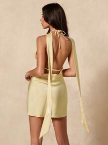 SHEIN BAE 1 chiếc váy satin buộc nơ cổ chữ V màu vàng trơn thanh lịch cho nữ, mùa hè - Màu vàng - Xem 2