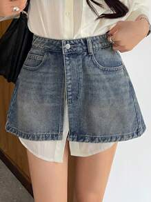 DAZY Women's Denim Wrap-Around Slit Skirt Jeans Skirt - Medium Wash - View 4