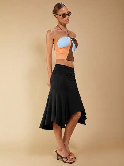 COSMINA Women's Elegant Casual Asymmetrical Ruched Brown Skirt, Spring/Summer Black Skirt