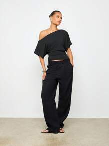 AiiRZ Off Shoulder Asymmetric Draped T-Shirt Ruched Waist Design Casual Loose Fit Modern Minimalist Top Fashion Basic Essential Cropped Length