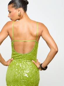 AiiRZ Sequin Maxi Evening Gown Spaghetti Strap Backless Special Occasion Party Prom Full Length Sparkle Holiday Dress - Green - View 4