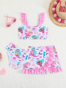 Young Girls Printed Bikini Set With Ruffles, 3 Pieces Kids Swimsuits Two Pieces Kids Swimsuits Girls Two Pieces Summer Girl Sets Summer Sets For Girls Kids Bathing Suit Sets - Multicolor - View 1