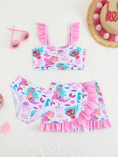 Conjunto de bikini estampado con volantes para niñas pequeñas, traje de baño de 3 piezas para niños de 2 piezas, traje de baño de 2 piezas para niñas, conjuntos de verano para niñas, conjunto de traje de baño para niños