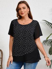 EMERY ROSE Blus Kasual Lengan Pendek Leher Bulat Motif Polkadot Musim Panas untuk Wanita Ukuran Besar, Musim Panas untuk Wanita, Bunga/Liburan/Musim Semi - Hitam - View 4