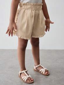 Maija Kids Maija Kids Young Girl's Summer Fashion Simple Casual Versatile Loose A-Line Style Light Khaki Ruffled Hem Solid Color Shorts - Khaki - View 4