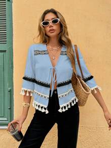 Chiquease Camisa de mujer con estampado de rayas, de manga larga, tipo cardigan, casual para vacaciones - Azul - Ver 5