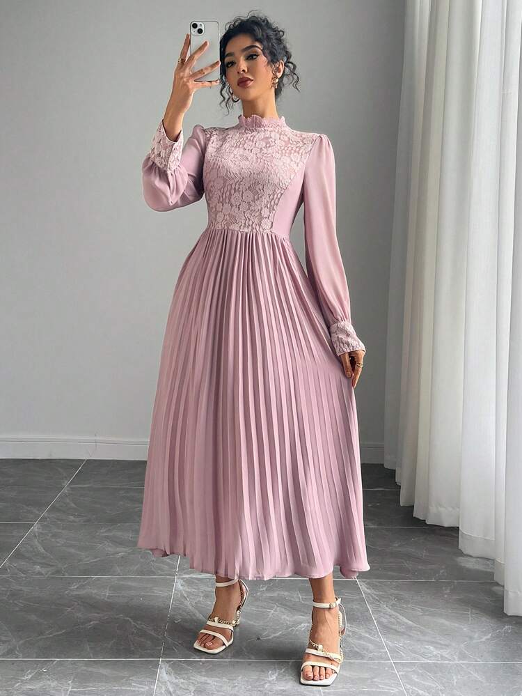 Women's Fall Lace Patchwork High Collar Waisted Mid-Length Dress Long Sleeve Dress