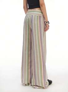 LYSMO Women's Striped Tie-Up Patchwork Long Pants,Bohemian Clothes - Green - View 2