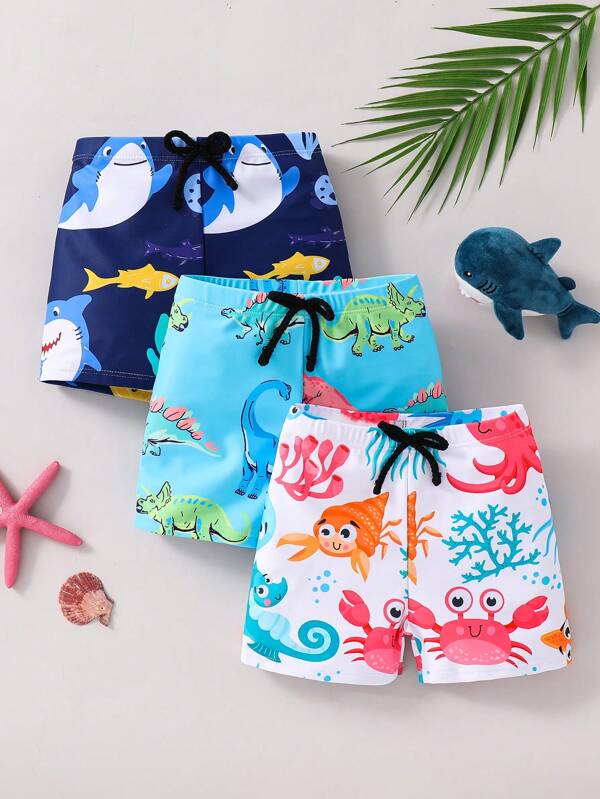 SHEIN 3 Stücke Jungen Lässig Urlaubs Netz Dopamin Dinosaurier Hai Muster bunter luftiger Badeanzug Set, Dreifarbiges Dreiteiler Set mit Shorts Badeanzug Strand Schwimmen Strand Surfen Urlaub Frühling und Sommer