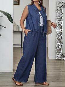 EMERY ROSE 2 Stücke Damen Große Größen Set aus Ärmellosen Top mit Schleife und Jeans Hose