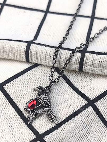 Goth Vintage Badge Ruby Necklace, Gothic Dark Raven Necklace, Halloween