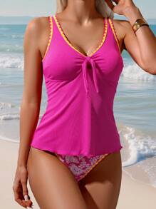 Swim Lushoire Đồ bơi Tankini họa tiết khối màu cho kỳ nghỉ hè trên bãi biển dành cho nữ - Màu Hồng Tươi - Xem 4