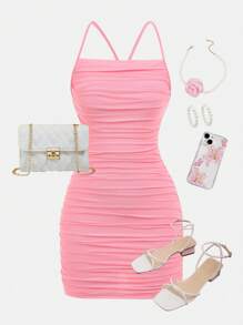 SHEIN Girlism 少女粉色网眼针织弹力贴身细肩带可爱迷你连衣裙，适合春夏季度假派对、情人节、俱乐部服装、生日