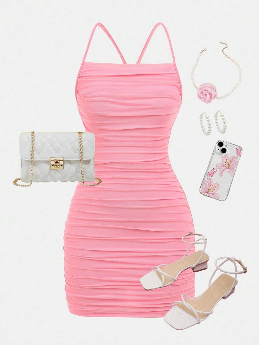 SHEIN Girlism 少女粉色网眼针织弹力贴身细肩带可爱迷你连衣裙，适合春夏季度假派对、情人节、俱乐部服装、生日