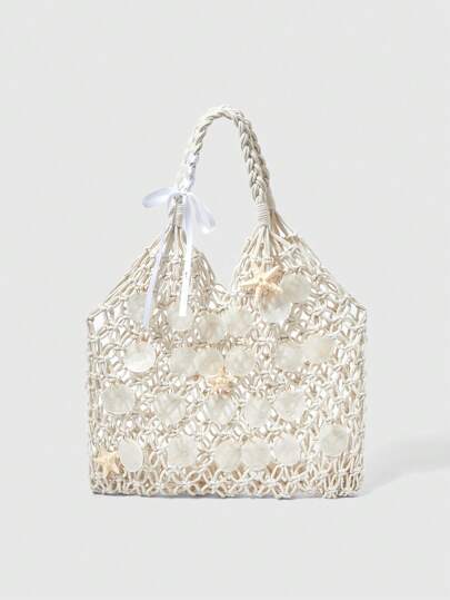 Fairycore 1pc Beige Seashell, Starfish & Mica Woven One Shoulder Tote Bag With Bow Decor, Fashionable Personalized Beach Style Handbag For Women (Including 1 Bag And 1 Set Of Accessories), White