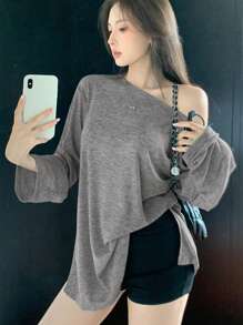 DAZY Maglietta oversize da donna con spalle scoperte e spacchi, top grigio con spalle scoperte, top con spalle scoperte, maglietta con spalle scoperte, abbigliamento autunnale da donna a maniche lunghe - Grigio - Visualizzare 2