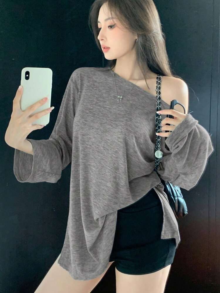 Women's Cutout Shoulder Slit Oversized T-Shirt Gray Top Off Shoulder Top Open Shoulder Top Off Shoulder Tee Off The Shoulder T Shirt,Fall Clothes Long Sleeve Women Tops
