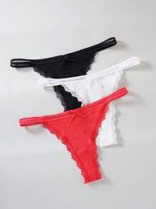 SHEIN Set de 3 piezas de tangas de encaje de mujer con lazo decorativo, de unicolor y sexy, en talla estándar