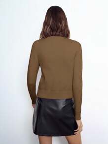 Maija Women's Mocha Brown Elegant Solid Color Round Neck Front Button Long Sleeve Simple Fashion Versatile Knit Sweater, Christmas Holiday Casual Outdoor Business Casual Wear In Fall/Winter