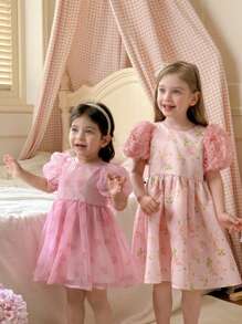 Baby Girl Ditsy Floral Chiffon Puff Sleeve Bow Decor Dress - Pink - View 2