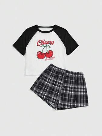 Cherry Print Raglan Sleeve Plaid Shorts Lingerie Set